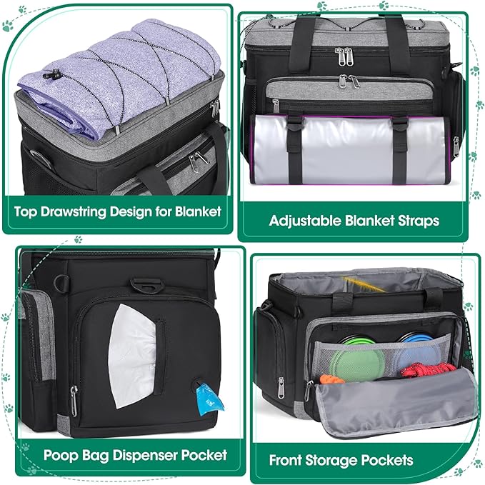 IGOLUMON Dog Travel Bag Large Pet Travel Bags Set for Supplies Weekend Travel Kit Tote Organizer Multi-Pockets Food Travel Bag with 2 Extra Large Food Containers, 2 Dog Bowls, 1 Feeding Mat