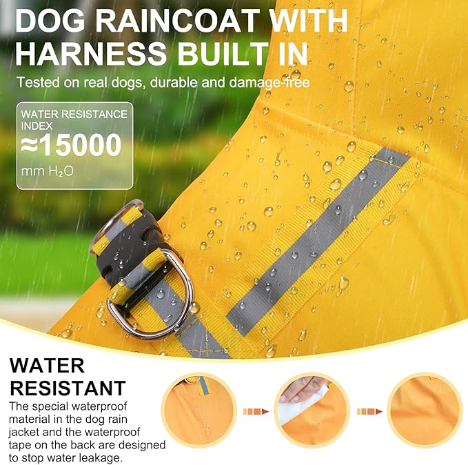 BEAUTYZOO Dog Raincoat Hooded Slicker Poncho, Waterproof Windproof Rain Jacket Hood with Harness Built in, Adjustable Reflective Duck Design Rain Coats for Small Medium Dogs Puppies, Yellow Size XS