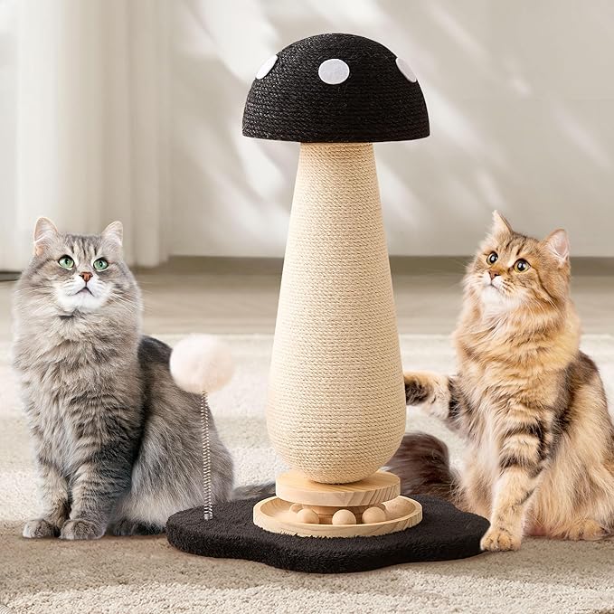 Mushroom Cat Scratching Post Cat Tree, 21.5โโ H Cute Cat Scratcher Tower with Durable Solid Wood Turntable Toy, Solid Black Mushroom Scratch Post Cat Sisal Scratcher with Catnip for Indoor Cats