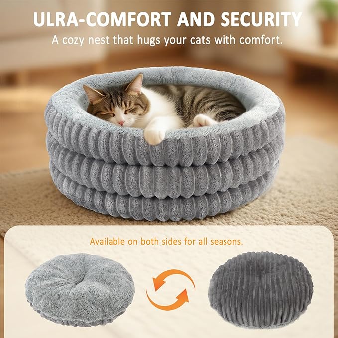 Cat Bed, 20’’ Round Donut Fluffy Cat Beds for Indoor Cats and Small Dogs, Washable Deep Sleep Calming Pet Bed Kitten Bed