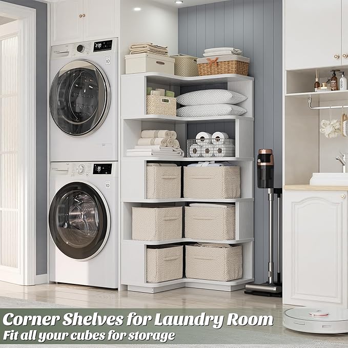 Armocity Corner Book Shelf - 6 Tier Corner Bookshelf Etagere Bookcase with Baffle, Freestanding L Shaped Display Shelf Stand for Home Office, Living Room, Bedroom, Kitchen, White