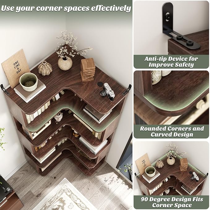 Armocity Corner Book Shelf - 6 Tier Corner Bookshelf Etagere Bookcase with Baffle, Freestanding L Shaped Display Shelf Stand for Home Office, Living Room, Bedroom, Kitchen, Black Walnut