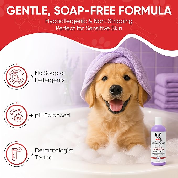 Warren London Calming Lavender Dog Shampoo | Softening Aloe Vera & Essential Oils for Dogs | Leaves Coat Silky & Smelling Amazing | Gentle & Soap-Free | Made in USA – 17 oz