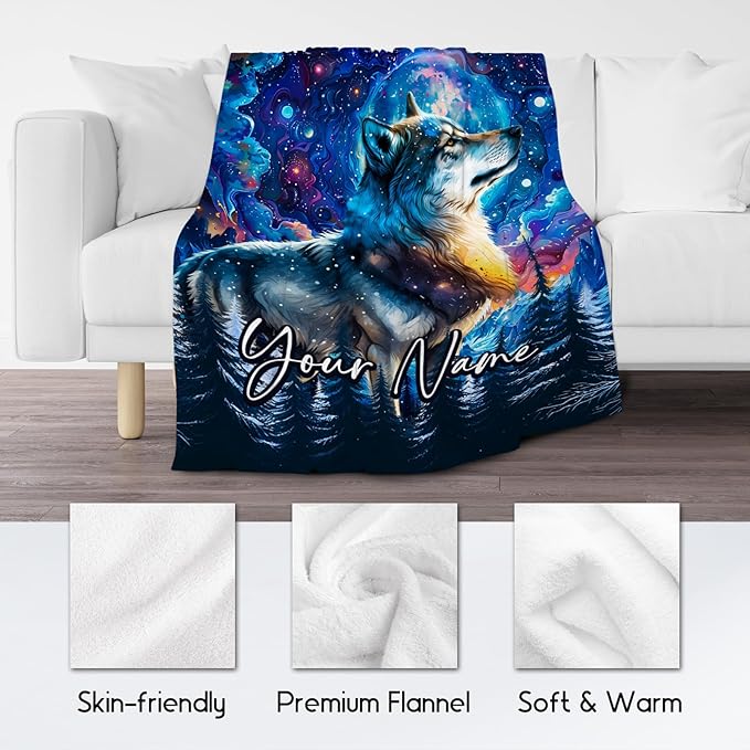 Boys Blanket Personalized Wolf Blankets Gifts for Kids/Teens/Men - Flannel Soft Cool Throws for Office, Sofa - 4 Sizes