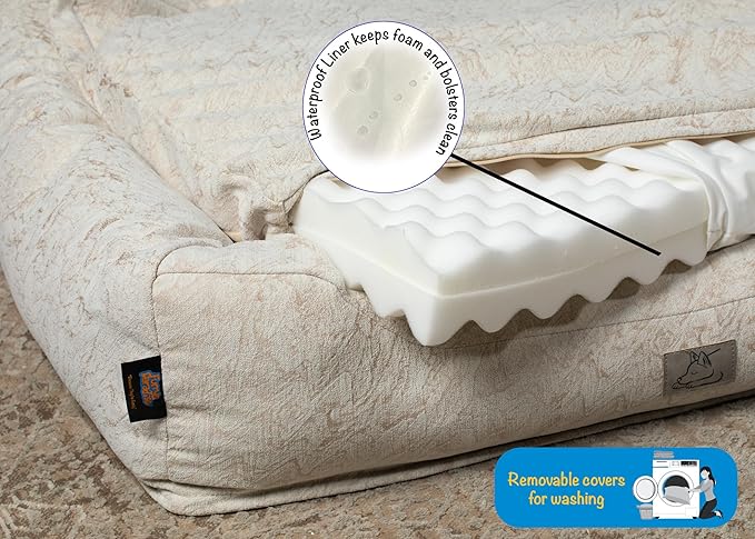 Furry's Paradise Foam Cuddler Waterproof Bolster Pet Bed with Reversible Cushion, Recycled Fibers and Non-Slip Bottom. (Brown Marble, Orthopedic Large)
