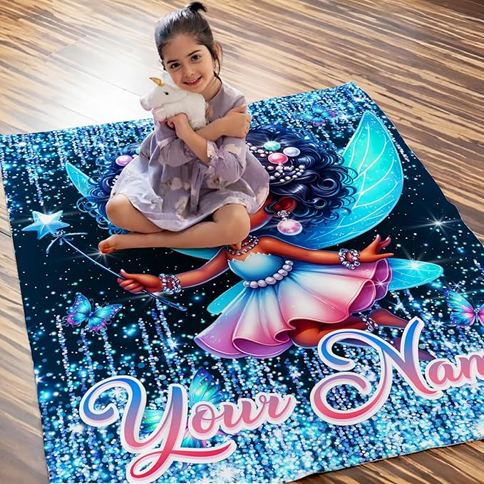 Girls Blanket Personalized Fairy Throw Gift for Toddler Kids Birthday - 30x40 Inches Lightweight Soft Black Custom Throw Blankets for Sofa Couch Bedroom Travel