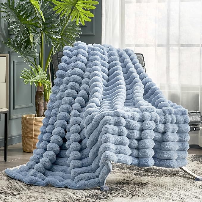 Cozy Bliss Faux Fur Throw Blanket for Couch, Cozy Warm Plush Striped Blanket for Sofa Bedroom Living Room, 60 * 80 Inches Light Blue