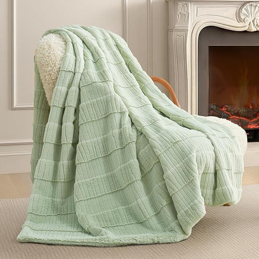Amélie Home Luxury Striped Faux Fur Throw Blanket for Couch, Soft Cozy Fuzzy Fluffy Soft Plush Blankets Sofa Chair Gift Blankets for Women, 55"x70", Sage Green