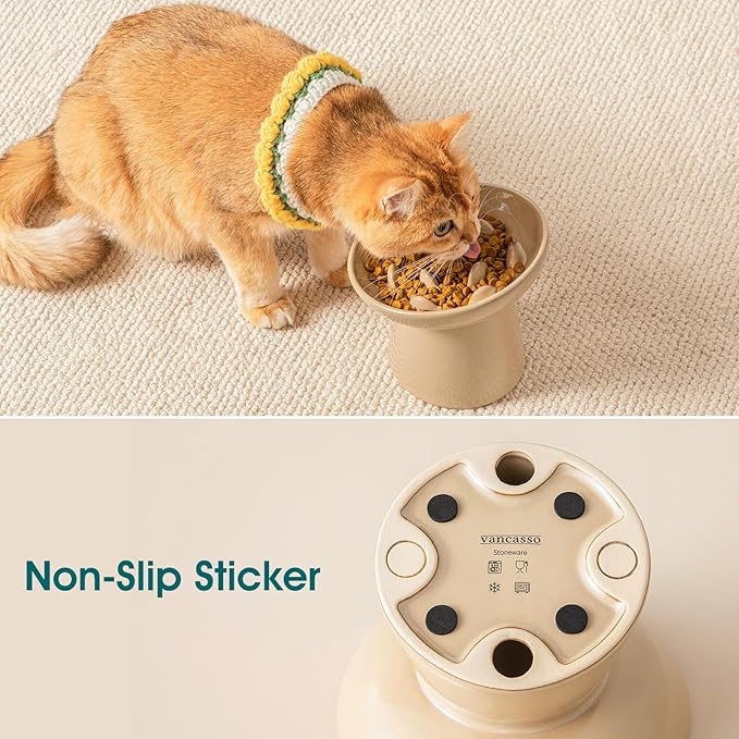 vancasso Ceramic Slow Feeder Cat Bowl, 6.25 Inch Elevated Cat Slow Feeder Bowl, Anti Vomiting for Dry and Wet Food, Brown