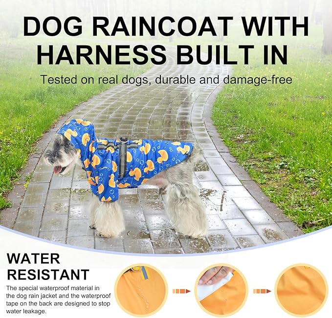 BEAUTYZOO Dog Raincoat Hooded with Harness Built-in for Small Medium Large Dogs Girls Boys, Dog Rain Jacket Slicker Poncho,Waterproof Dog Rain Coat Clothes for Winter Rainy Snowy Days, Yellow Duck, S