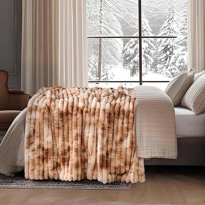 Amélie Home Faux Fur Throw Blanket for Couch, Cozy Fuzzy Fluffy Fur Luxurious Soft Striped Plush Gift Blankets for Family Sofa Chair Bedroom, 55"x70", Tie-dye Khaki