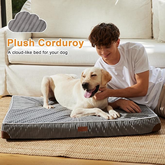 FUKUMARU Dog Bed, Plush Corduroy Orthopedic Dog Beds with Removable Washable Cover, XL Waterproof Dogs Bed for Crate, Egg Crate Foam Support Pet Mat, Cozy Pet Bed Mat with Anti-Slip Bottom, Grey