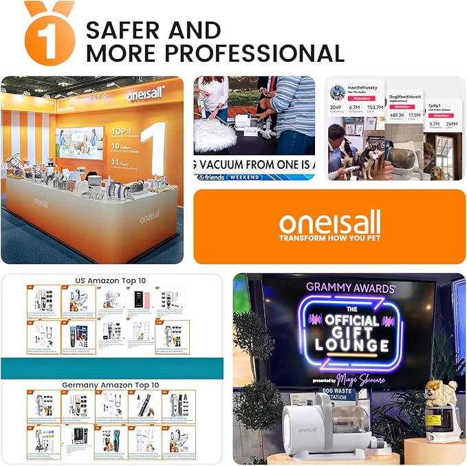 oneisall Dog Grooming Vacuum, Pet Grooming Vacuum with Clipper Nail Grinder, 1.5L Dust Cup Dog deshedding Vacuum Brush with 7 Pet Grooming Tools for Shedding Pet Hair, Home Cleaning(Grey)