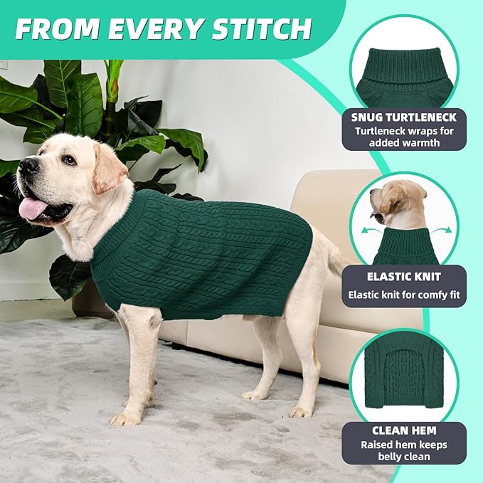 2 Pack Dog Sweaters for Big Dogs Turtleneck Pullover Cable Knit Large Size Stretch Clothes Pitbull Labrador Bulldog Doberman Boy Girl Pets Winter Clothes (XXL, Green & Brown)