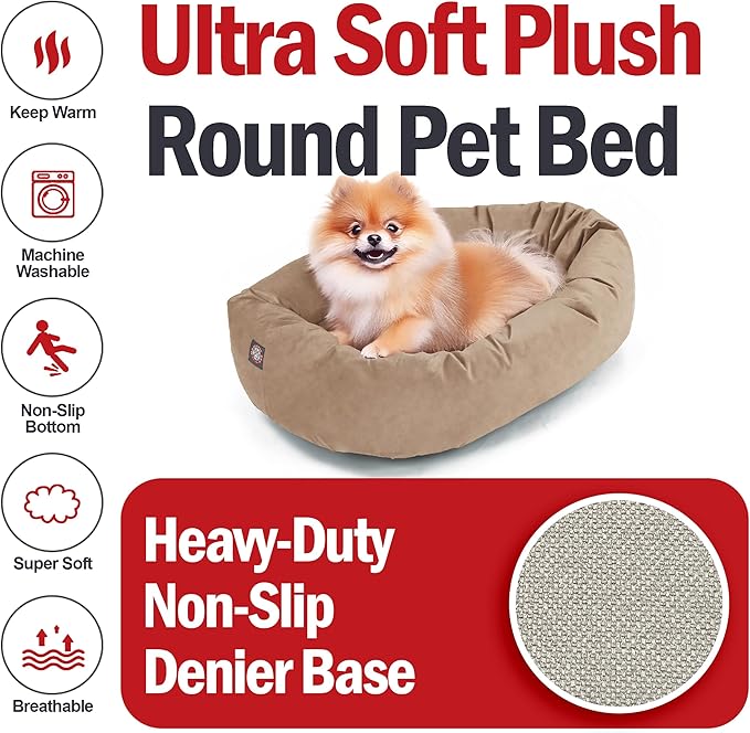Majestic Pet 24 Inch Suede Shredded Memory Foam Mix Calming Small Dog Bed Washable 24 x 19 x 7 (Inch) - Cozy Soft Round Donut Dog Bed with Spine for Head Support - Pet Bed Stone