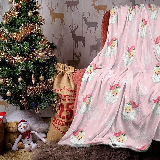 Xmas Santa Claus Blankets, Christmas Soft Lightweight Anti Pilling Pink Flannel Blanket for Women, 50x60 Inches Winter Tree Snowflake Decorative Aldult Throw Blanket for Couch Chair Living Bedroom