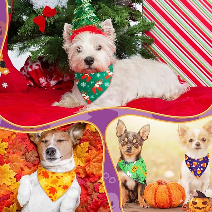 Preboun 200 Pcs Halloween Thanksgiving Christmas Dog Bandanas Bulk Holiday Bandanas for Dogs Triangle Kerchief Bib Scarf Set for Pet Fall Costume Photo Props Accessories Pet Shops Groomers, 25 Styles