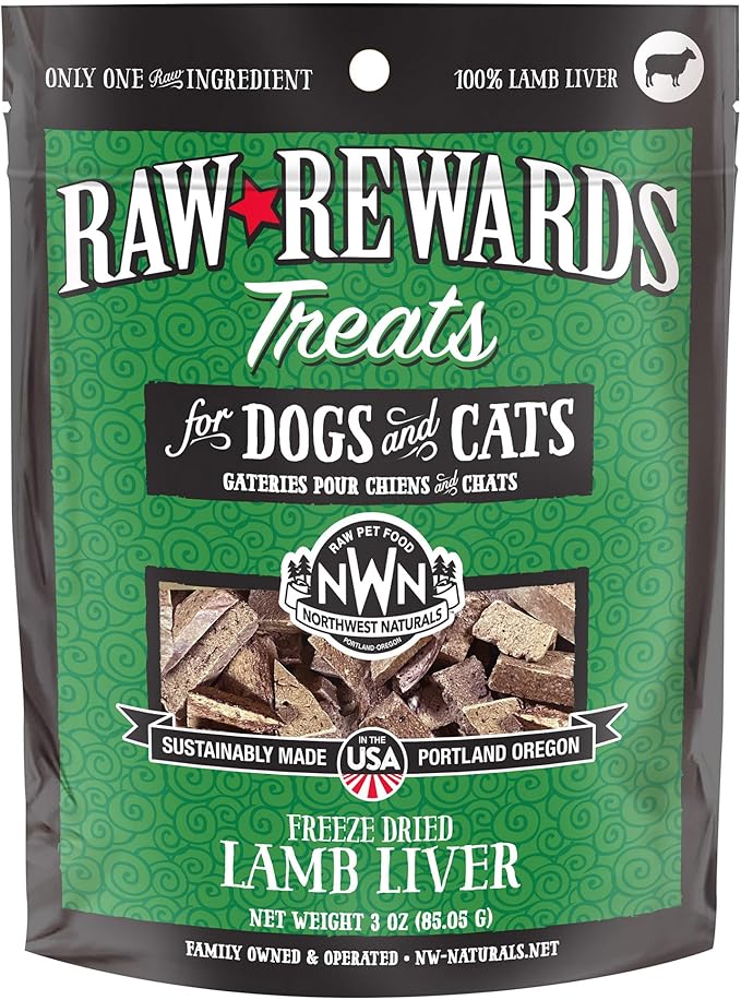 Northwest Naturals Raw Rewards Freeze-Dried Lamb Liver Treats for Dogs and Cats - Bite-Sized Pieces - Healthy, 1 Ingredient, Human Grade Pet Food, All Natural, Proudly Made in USA, 3 Oz
