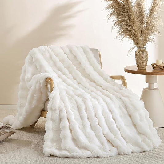 Smoofy Faux Fur Throw Blanket for Couch – Cream White Fluffy Cozy Rabbit Fleece, Plush Soft Bubble Blanket for Sofa & Bed, for Mom, Warm Fuzzy Home Room Decor Throw 60" x 80"