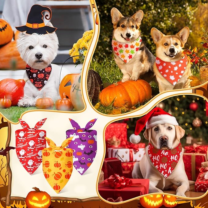 Chunful 60 Pcs Holiday Bandanas Bulk for Dogs Fall Halloween Thanksgiving Christmas Santa Soft Bibs Adjustable Triangle Doggie Scarf for Small Medium Large Pet Costume(25.6 x 17.7 x 17.7 Inch)