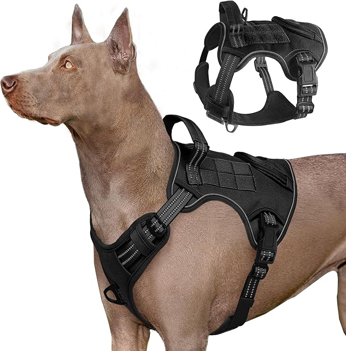 Heavy Duty Tactical Dog Harness for Large Dogs, Adjustable Reflective Service Vest with Control Handle & 4 Patches, No Pull Soft Padded Military Pet Harness for Training Walking Hiking (Black, L)