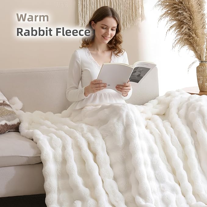 Smoofy Faux Fur Throw Blanket for Couch – Cream White Fluffy Cozy Rabbit Fleece, Plush Soft Bubble Blanket for Sofa & Bed, for Mom, Warm Fuzzy Home Room Decor Throw 60" x 80"