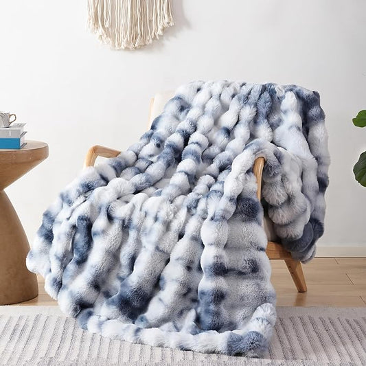 Smoofy Faux Fur Throw Blanket for Couch Rabbit Fleece - Tie-dye Blue Fluffy Blanket for Sofa Bedroom Living Room, Cozy Soft Plush Luxury Thick Winter Fuzzy Comfy Bubble Blanket - 50" x 60"