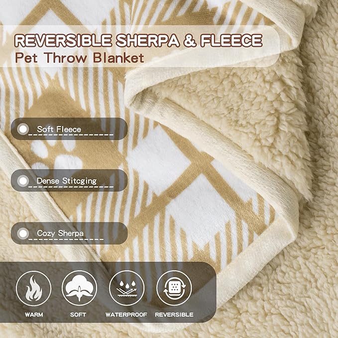 Waterproof Dog Blankets Pet Blanket 50"x60", Soft Fluffy Sofa Car Bed Protector, Reversible Sherpa Fleece Dog Blanket for Large Dogs Christmas Decor(Light Yellow)