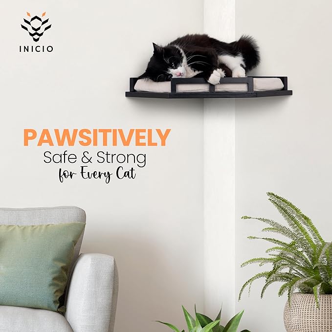 INICIO Cat Wall Shelves - Modern and Durable 3 Step Cat Furniture for Wall - Stylish Birch Floating Shelf for Cats up to 15lbs - Wooden Corner Shelves with Cushioned Perch - Black