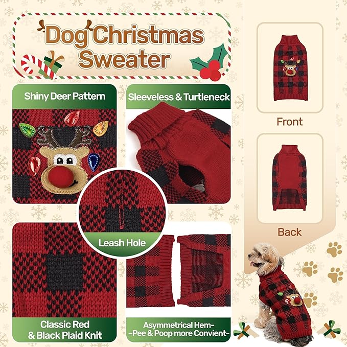 WOYYHO Dog Sweater for Small Dogs, Reindeer & Red Buffalo Plaid Knit Sleeveless Turtleneck | Warm Winter Puppy Clothes with Leash Hole for Chihuahua, Yorkie, Dachshund L