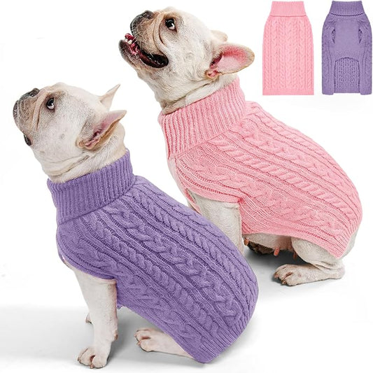 2 Pack Dog Sweaters for Medium Dogs Turtleneck Pullover Cable Knit Stretch Clothes French Bulldog Dachshund Boston Terrier Corgi Beagle Pug Boy Girl Pets Winter Clothes (M, Pink & Purple)