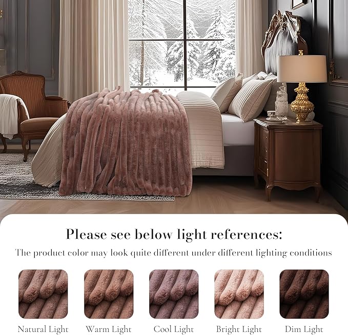 Amélie Home Faux Fur Throw Blanket for Couch, Ultra Cozy Fuzzy Fluffy Fur Luxurious Soft Striped Plush Gift Blankets for Family Sofa Chair Bedroom, 60"x80", Cationic Fox Brown