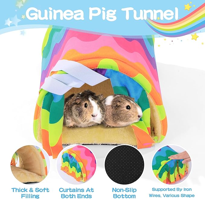 MABOZOO 3 Pack Guinea Pig House Accessories, Washable 2 Guinea Pig House and Hideout Tunnel with Curtains, Chinchilla Hideout for Hamster, Rabbit, Bunny, Chinchillas (Colorful)