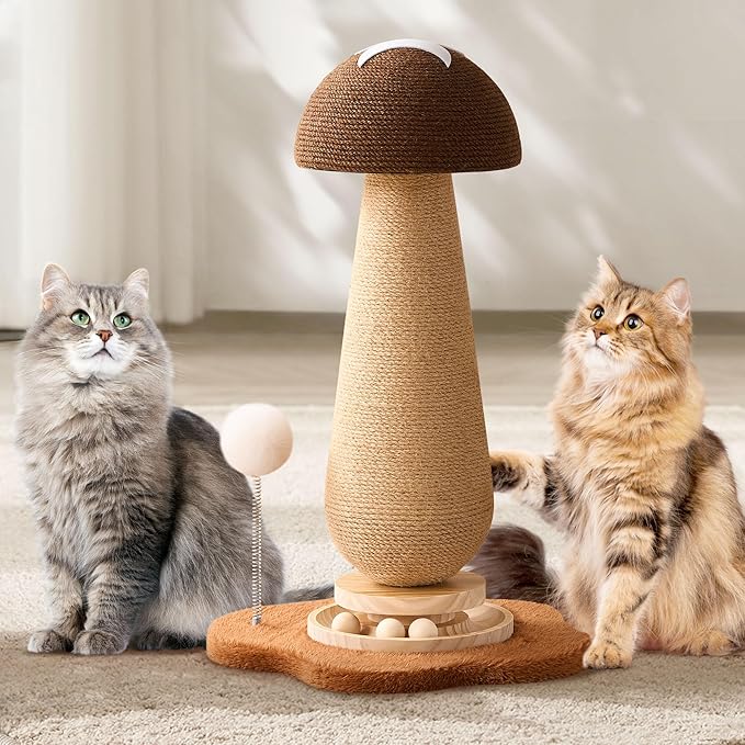 Mushroom Cat Scratching Post Cat Tree, 21.5โโ H Cute Cat Scratcher Tower with Durable Solid Wood Turntable Toy, Acorn Brown Mushroom Scratch Post Cat Sisal Scratcher with Catnip for Indoor Cats