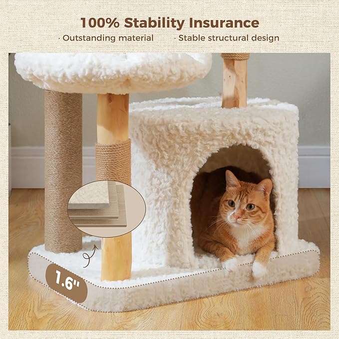 PEQULTI 48.5'' Modern Cat Tree Solid Wood Cat Tower for Indoor Cats with Luxury Cat Condo, Cozy Hammock, Scratching Post, Rattan Perch and Flower Cat Bed for Large Cats Adult, White