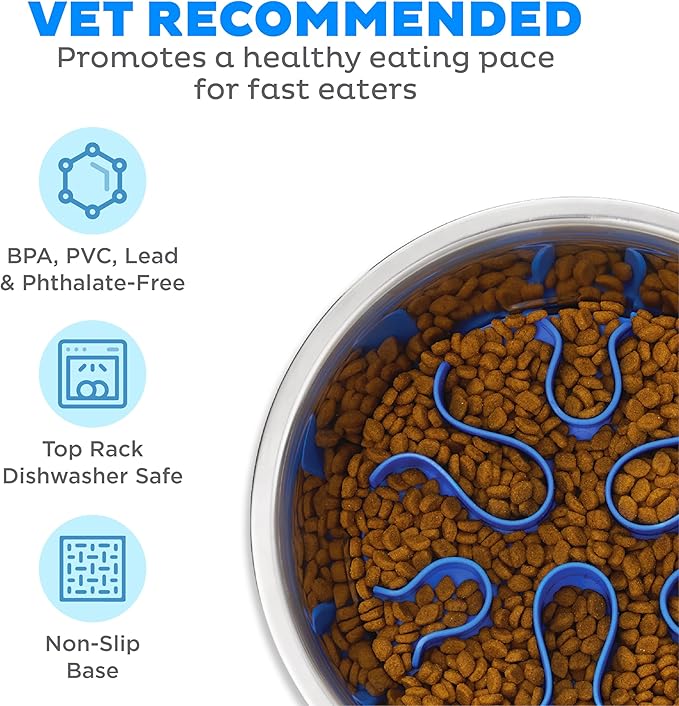 Outward Hound 2-in-1 Stainless Steel Slow Feeder Bowl, Puzzle Maze for Fast Eaters, Small to Medium Dogs, Helps Prevent Bloat & Aid Digestion, Holds 2 Cups Wet or Dry Food, Non-Slip, Made Without BPA