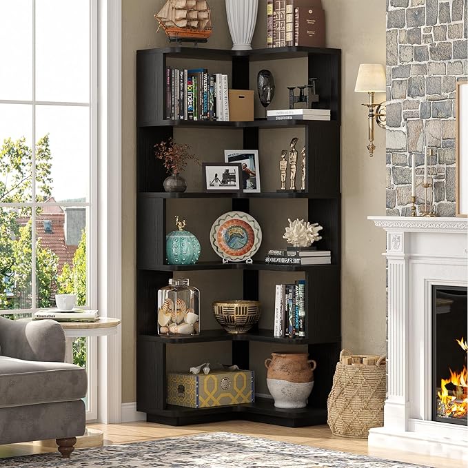 Armocity Corner Book Shelf - 6 Tier Corner Bookshelf Etagere Bookcase with Baffle, Freestanding L Shaped Display Shelf Stand for Home Office, Living Room, Bedroom, Kitchen, Black