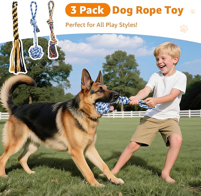 Dog Rope Toys for Aggressive Chewers - Heavy Duty 3 Packs Indestructible Cotton Dog Chew Toys for Small Medium Breed - Exercise Interactive Tug of War Dog Toy for Boredom, Teeth Clean(Mix Colors)