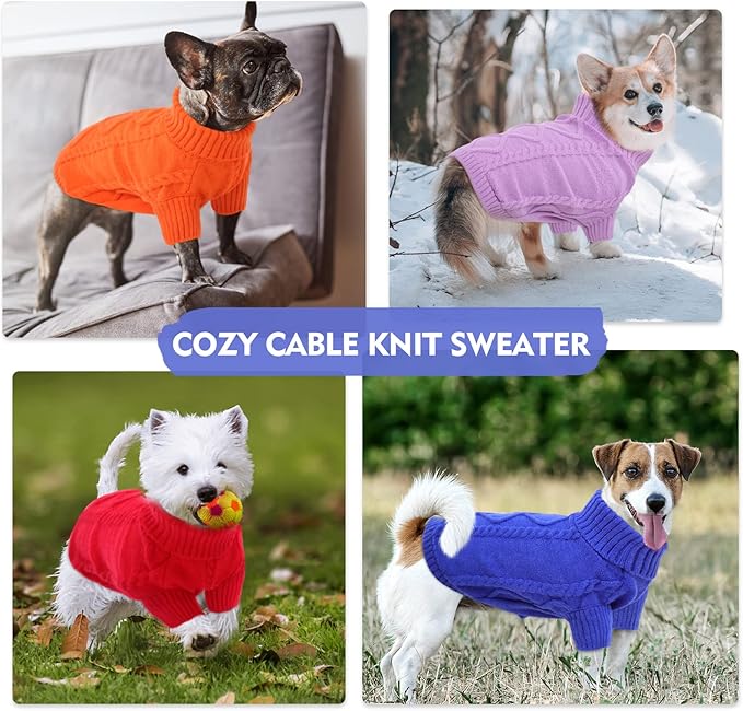 Queenmore Small Dog Pullover Sweater, Cold Weather Cable Knitwear, Classic Turtleneck Thick Warm Clothes for Chihuahua, Bulldog, Dachshund, Pug (Royal Blue, Small)