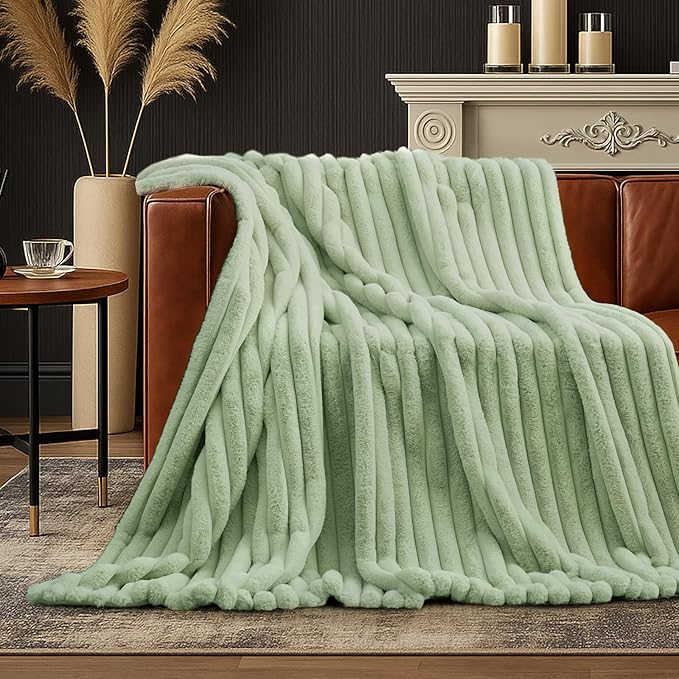 Amélie Home Faux Fur Throw Blanket for Couch, Cozy Fuzzy Fluffy Fur Luxurious Soft Striped Plush Gift Blankets for Family Sofa Chair Bedroom, 55"x70", Sage Green
