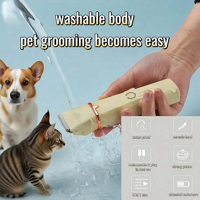 4 in 1 Pet Dog Cat Grooming Kit Dog Cat Nail Ear Paw Clipper Trimmer Pet Hair Grooming Clipper-Low Noise Rechargeable - Cordless Quiet Nail Grinder Trimming Hair Around Eyes and Ears (Beige)