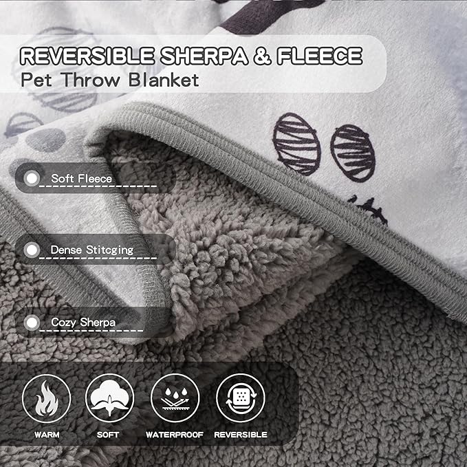 Waterproof Dog Blankets Pet Blanket 60"x80", Soft Fluffy Sofa Car Bed Protector, Reversible Sherpa Fleece Dog Blanket for Large Dogs (Light Grey-Paws)