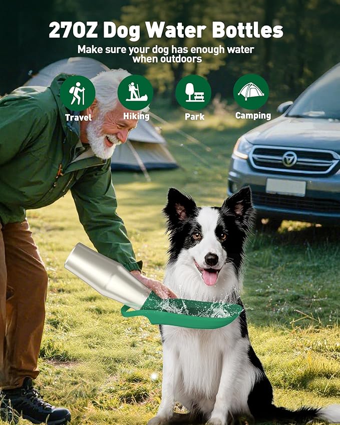 Portable Dog Water Bottle Bowl - 27 oz Travel Water Bowl Dispenser for Dogs, Stainless Steel Leak-Proof, A Must-Have for Outdoor, Camping, Walking, Beach, Hunting and Other Scenes (Green)