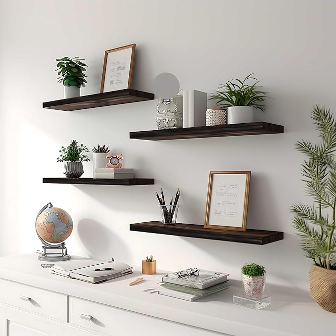 24 Inch Brown Wood Floating Shelves for Wall Rustic Wall Shelf for Bedroom Living Room Set of 4
