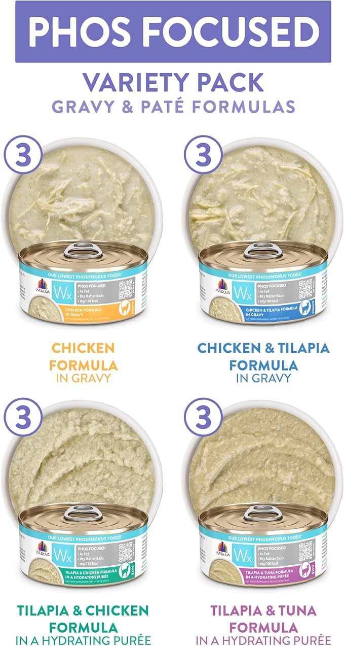 Weruva Wx Phos Focused Gravy and Pate Formulas 5.5oz Can Variety Pack, Pack of 12