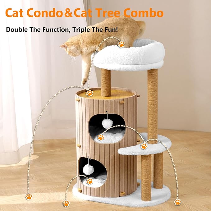 Modern Cat Tree for Indoor Cats Large Adult, 36in H Cat Condo Tower with Scratching Posts, Cozy Cat Bed Cave, Washable Cushions, Dangling Balls, Play&Nap Structure for All Breeds of Cats, Brown