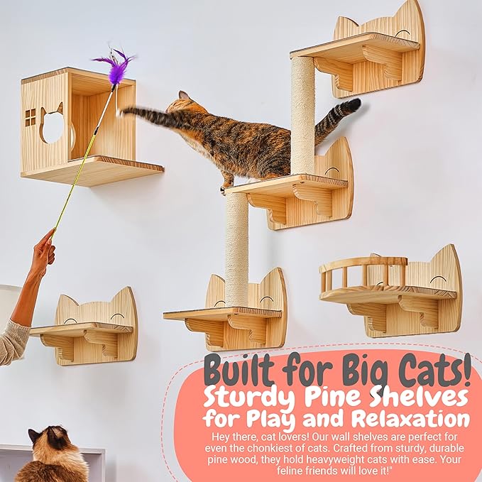 IDAE Cat Wall Shelves – 9-Piece Wooden Wall-Mounted Cat Furniture Set with Condo, Scratcher & Steps – for Large Indoor Cats – Natural Wood