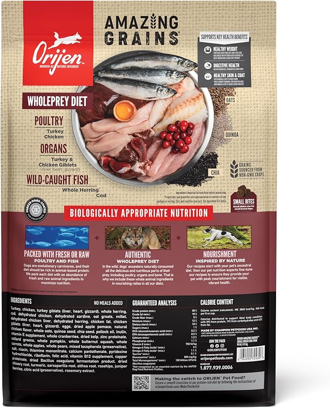 ORIJEN Amazing Grains High Protein Dry Dog Food Small Breed Recipe 10lb Bag