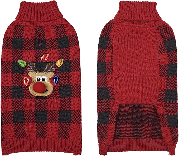 WOYYHO Dog Sweater for Small Dogs, Reindeer & Red Buffalo Plaid Knit Sleeveless Turtleneck | Warm Winter Puppy Clothes with Leash Hole for Chihuahua, Yorkie, Dachshund L