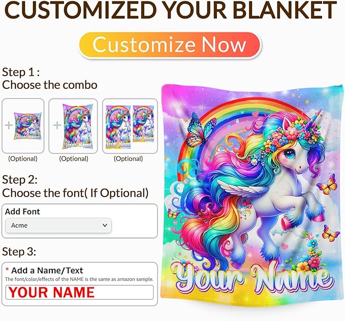 Unicorn Blanket for Girls 4-6 Personalized Throw Gift for Toddler Kids, 30x40 Inches Soft Cozy Cute Custom Decor Throw Blankets for Sofa Couch Bedroom Travel